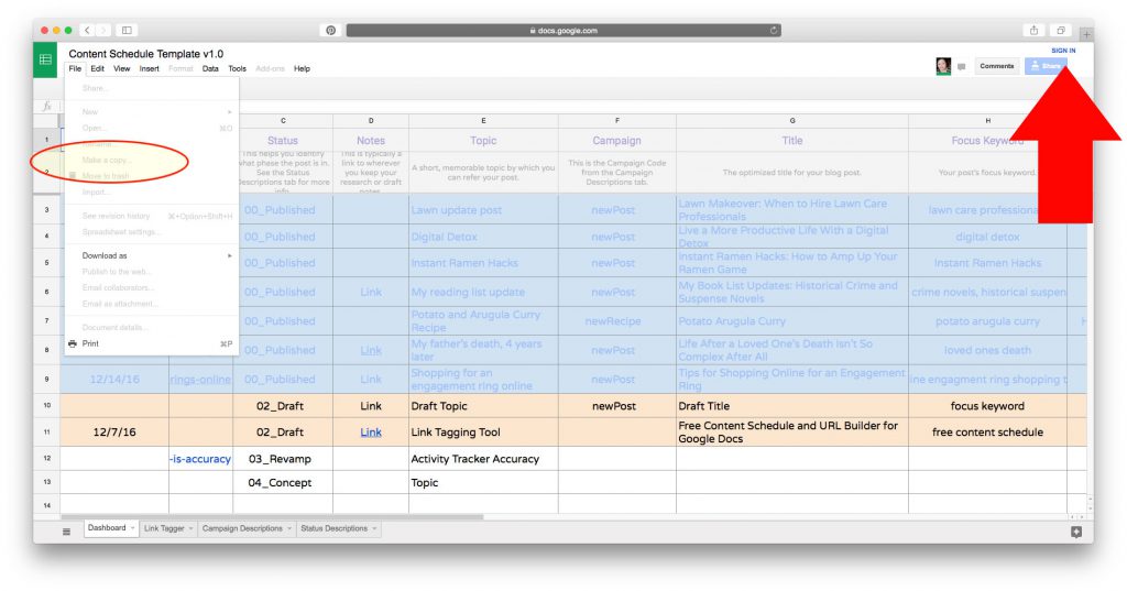 Free Content Schedule for Google Sheets
